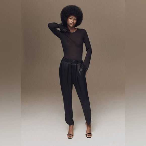 MNG MANGO Bright Elastic Waist Satin Pants‎ in Black - Picture 1 of 13